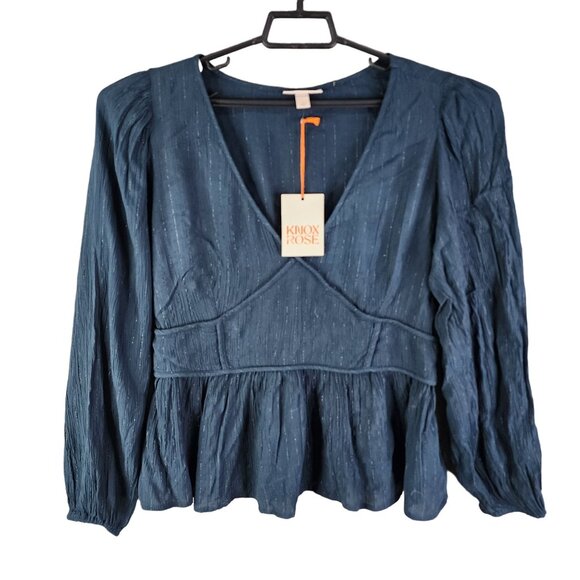 Knox Rose Tops - Womens Knox Rose Blue Peplum Top Blouse Long Sleeve V Neck gathered waist XL